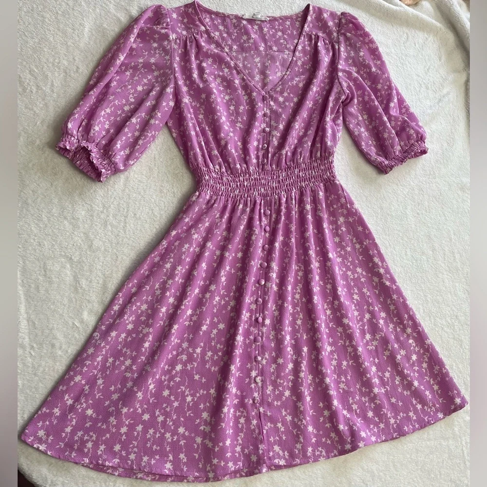BB Dakota Steve Madden size XS Your Always Dress lavender floral puff sleeve - Picture 11 of 14
